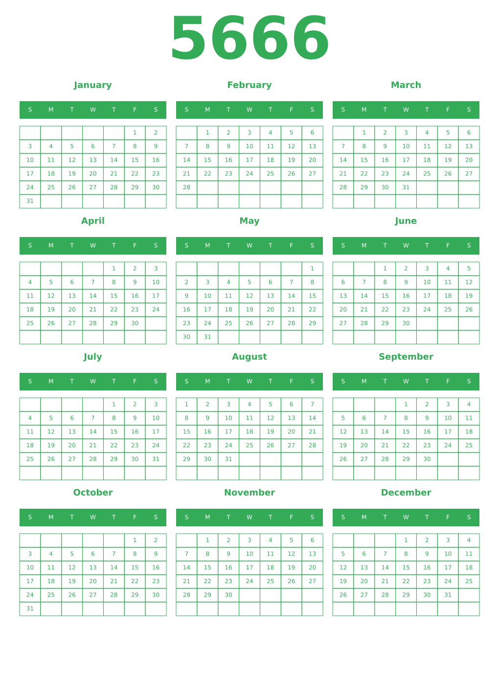 Printable 5666 Year Calendars green