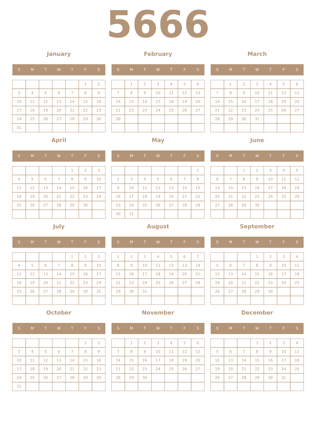 Printable 5666 Year Calendars isabelline