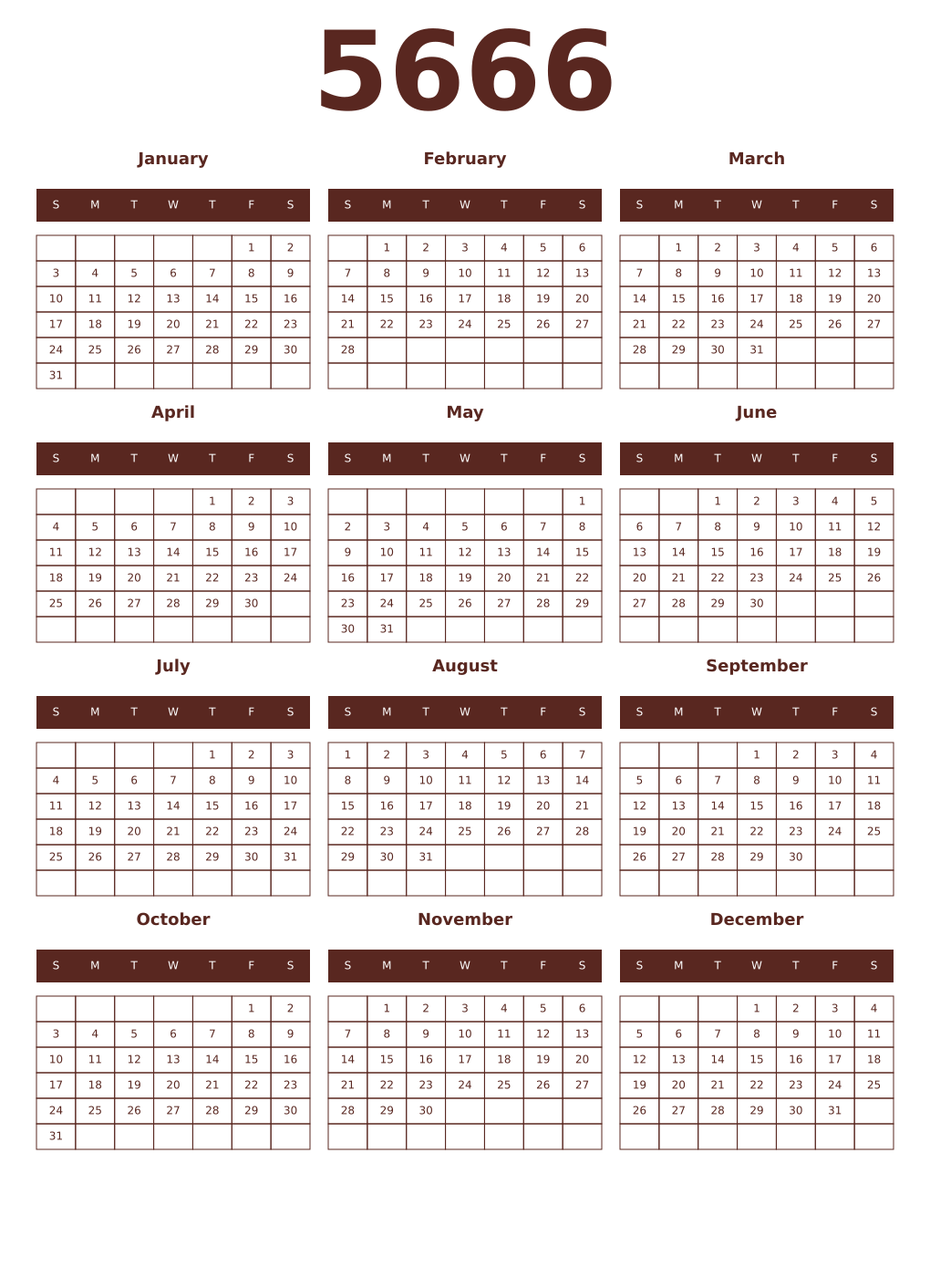 Printable 5666 Year Calendars mortuum