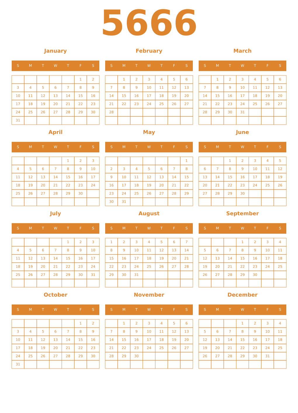 Printable 5666 Year Calendars orange