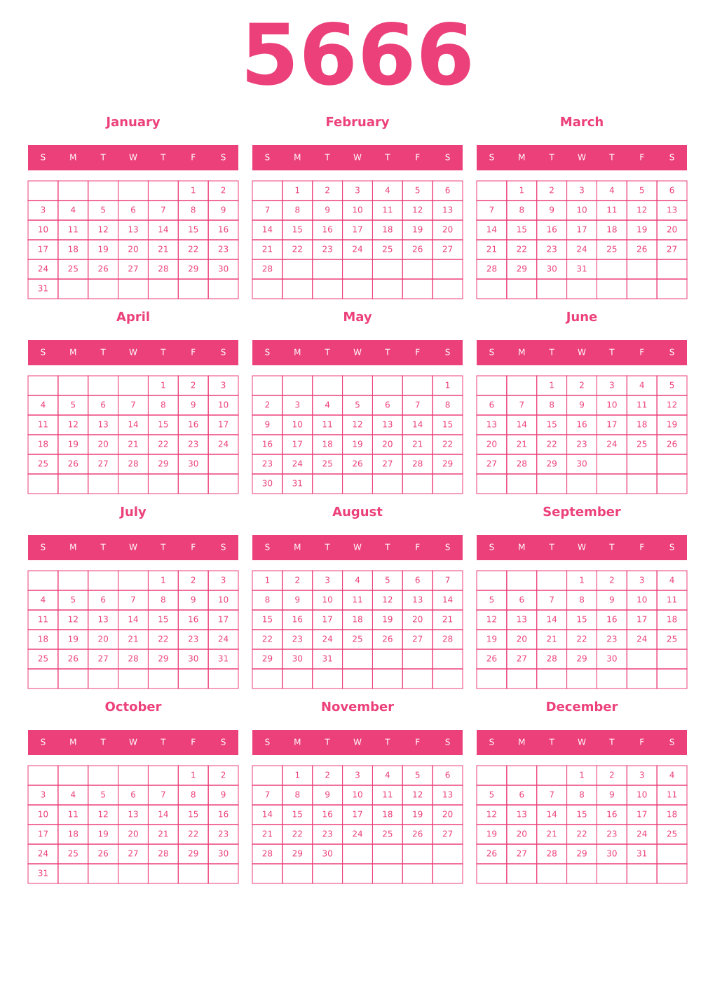 Printable 5666 Year Calendars pink