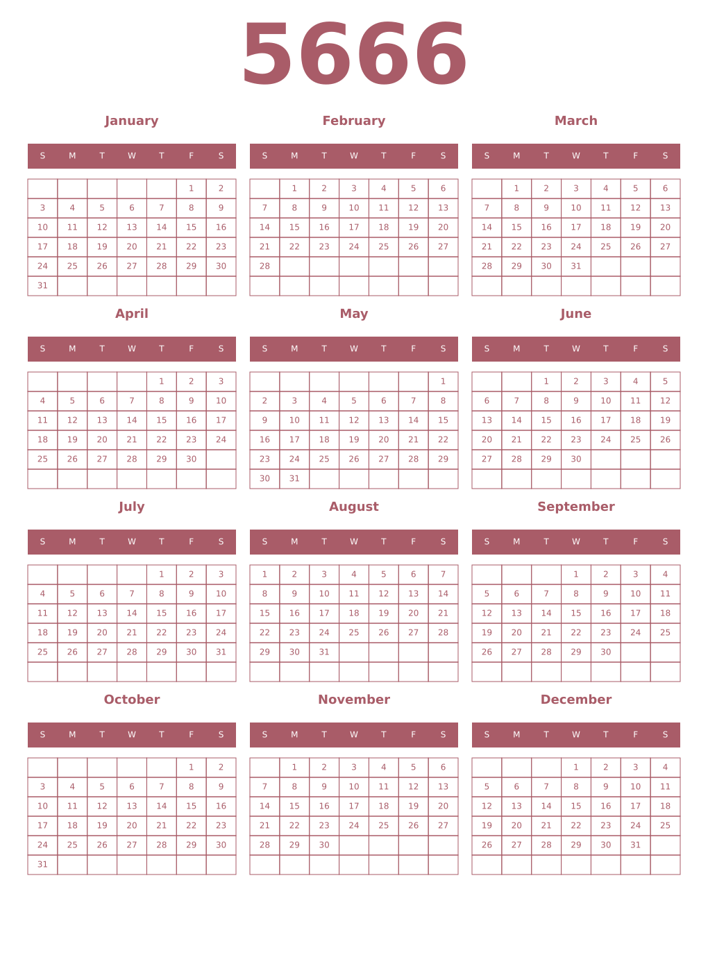 Printable 5666 Year Calendars puce