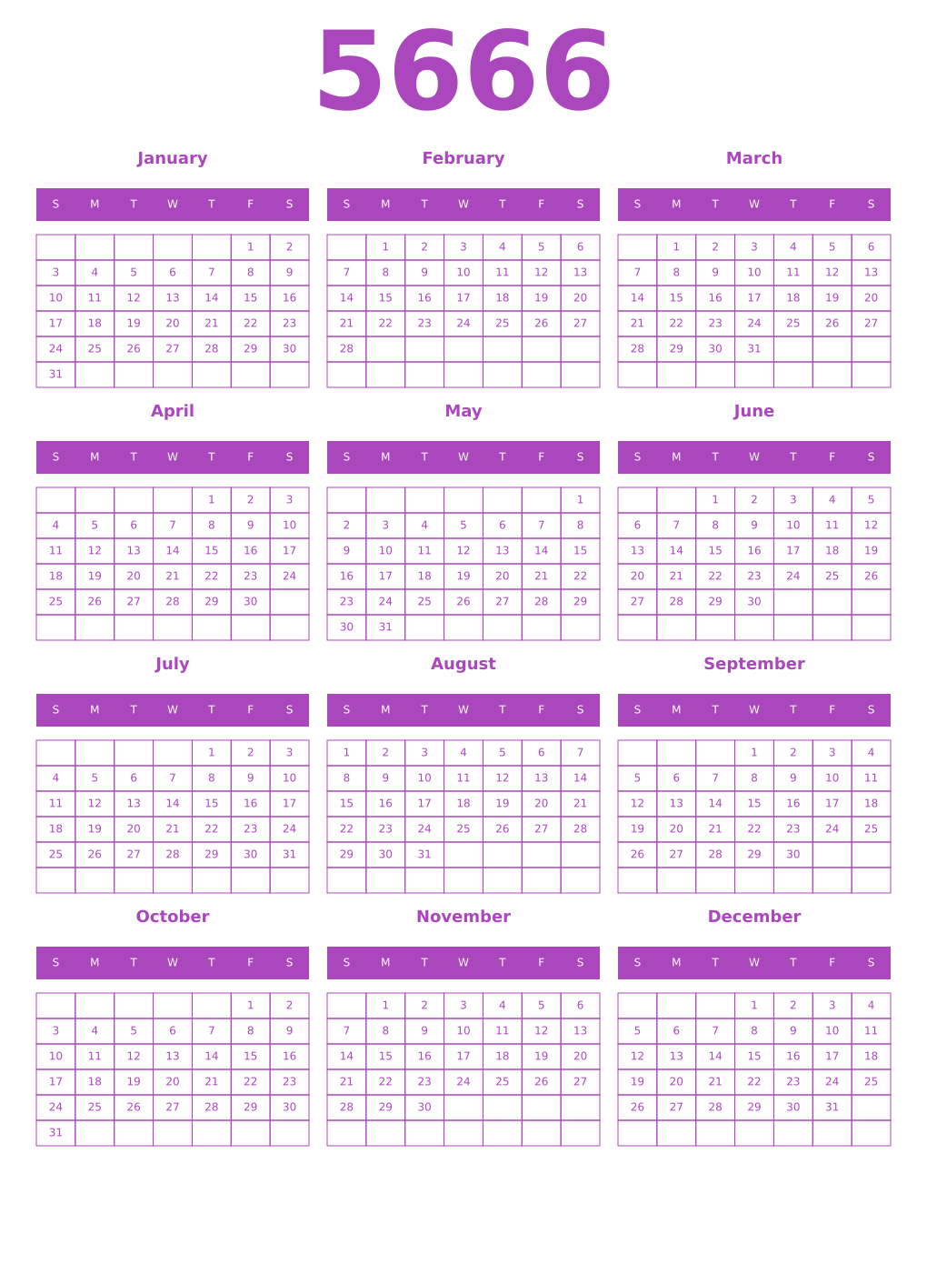 Printable 5666 Year Calendars purple