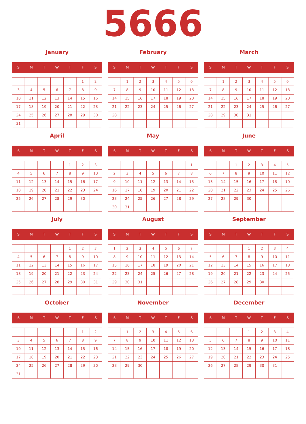 Printable 5666 Year Calendars red