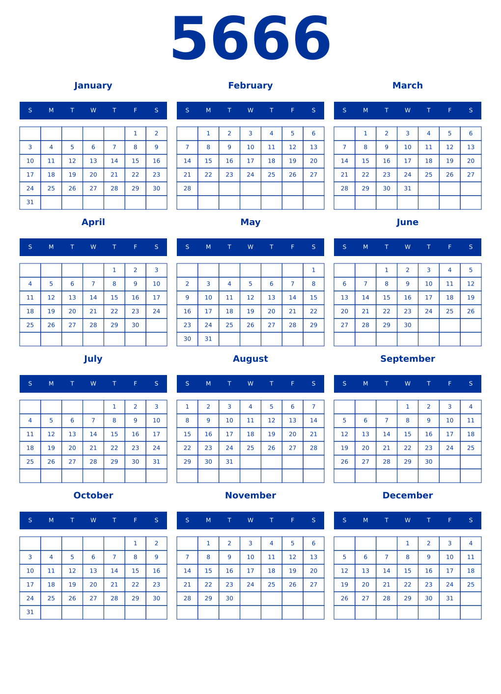Printable 5666 Year Calendars smalt