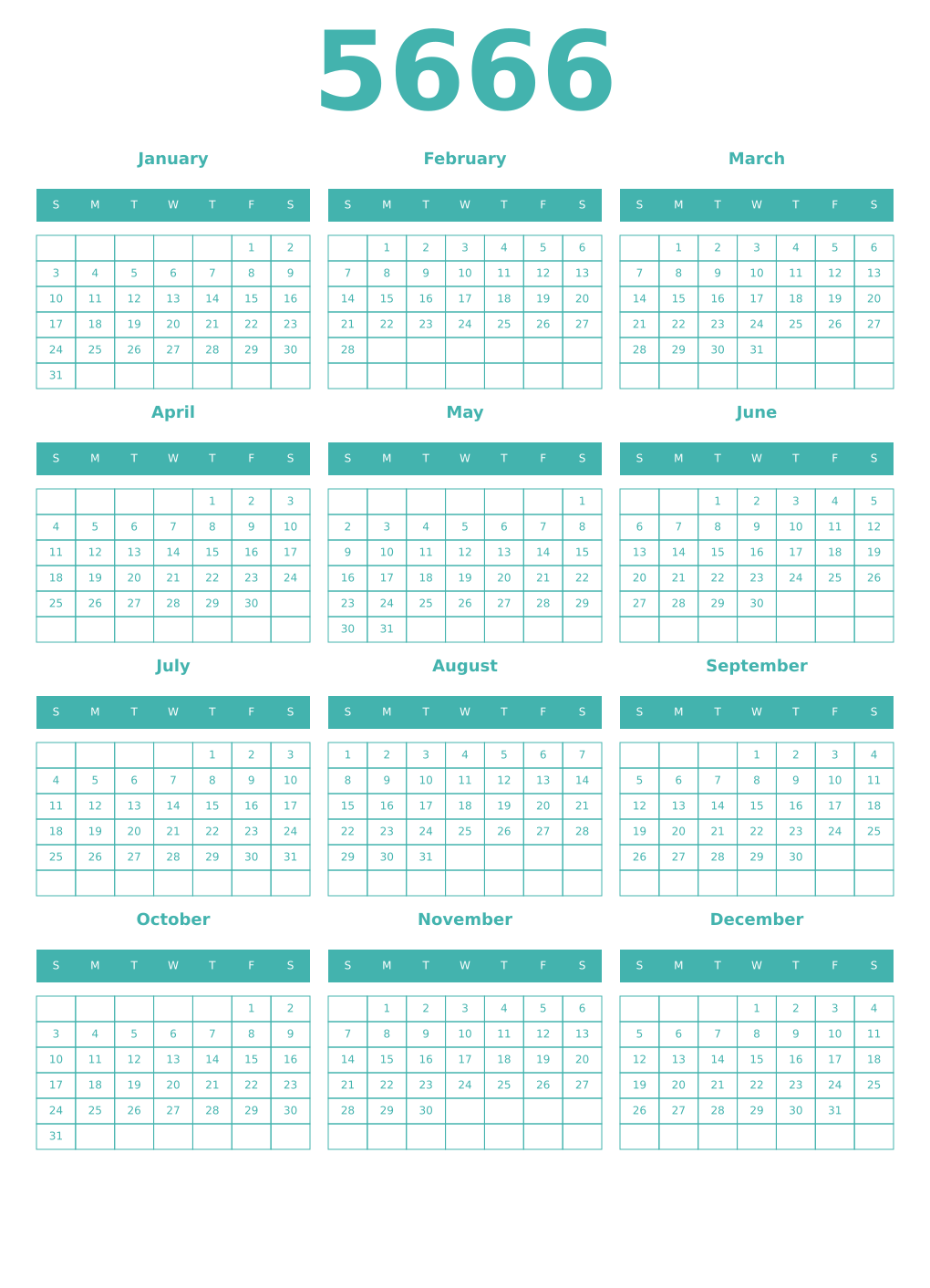 Printable 5666 Year Calendars verdigris