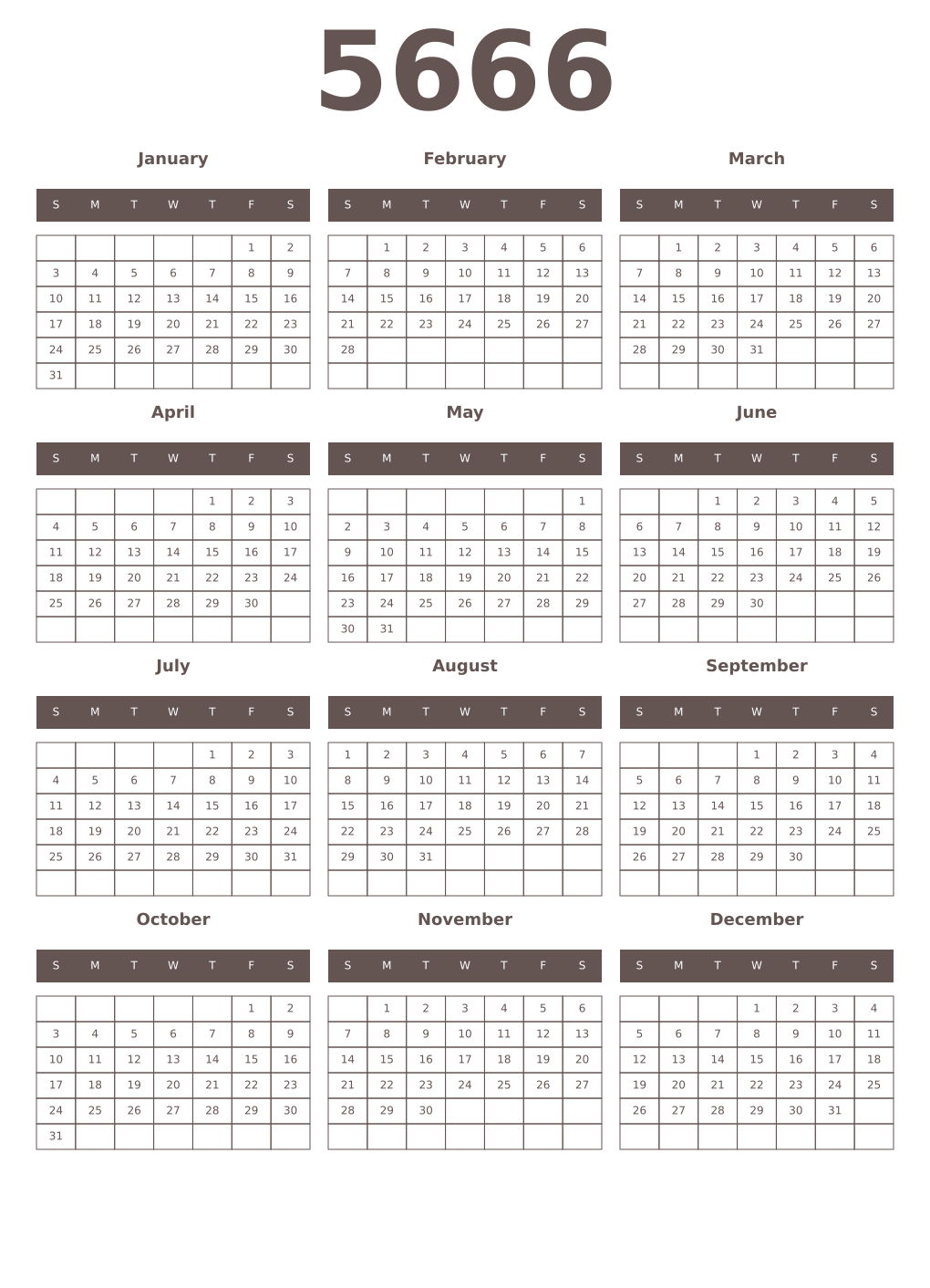 Printable 5666 Year Calendars wenge