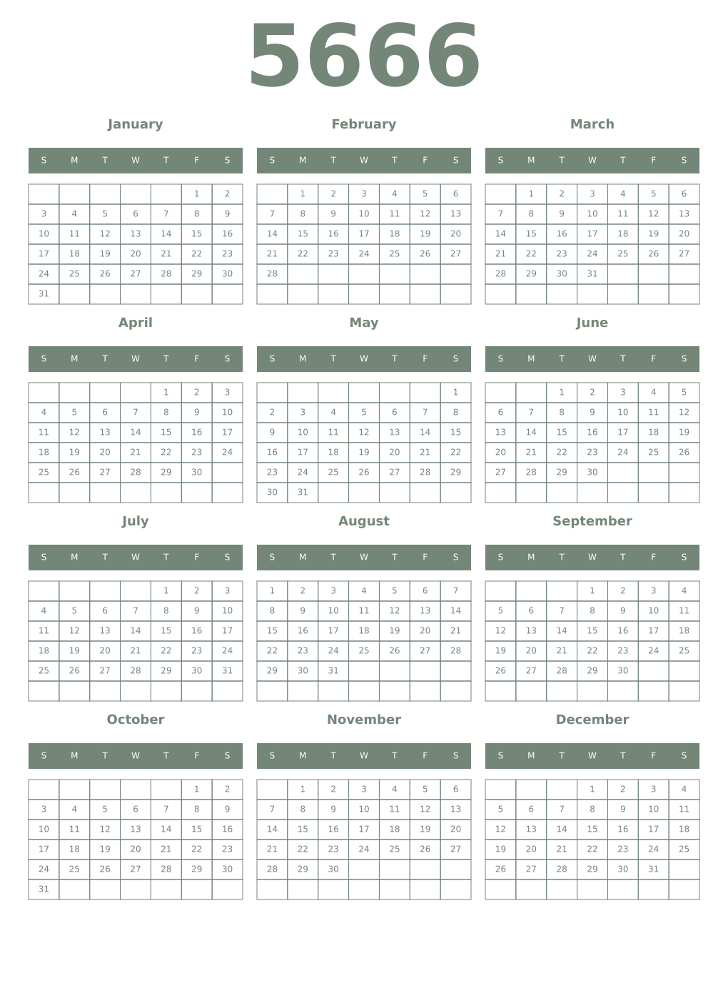 Printable 5666 Year Calendars xanadu