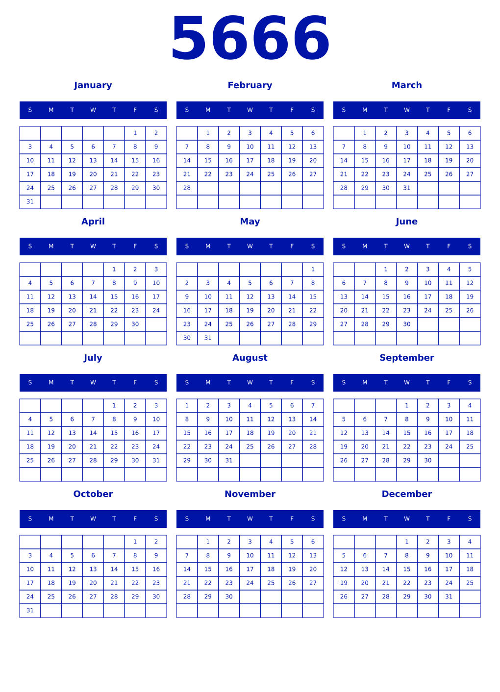 Printable 5666 Year Calendars zaffre