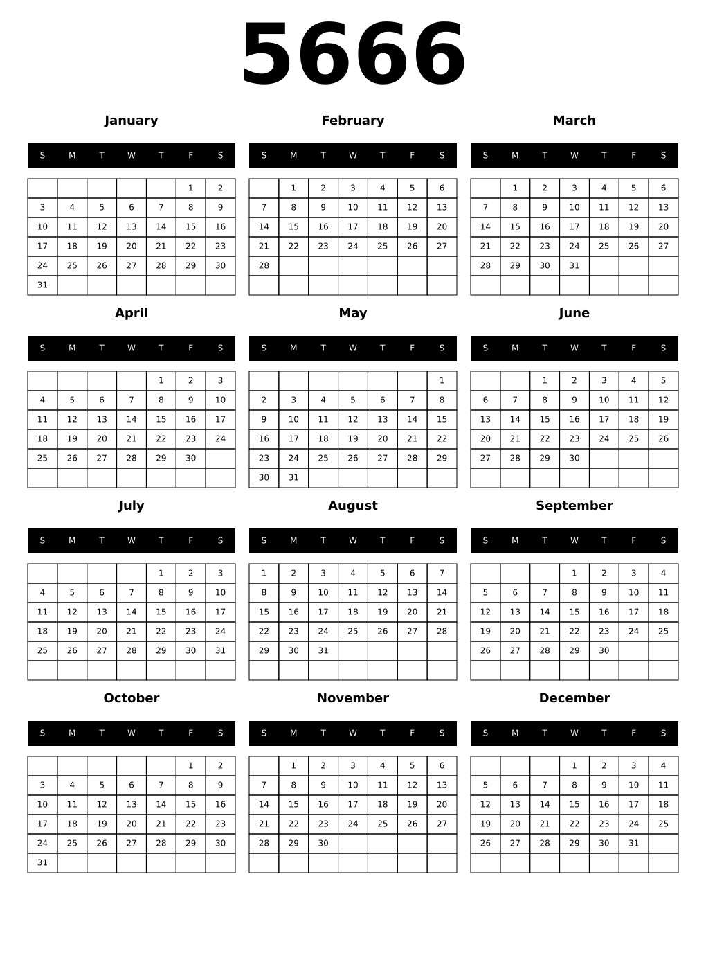 Printable 5666 Calendars