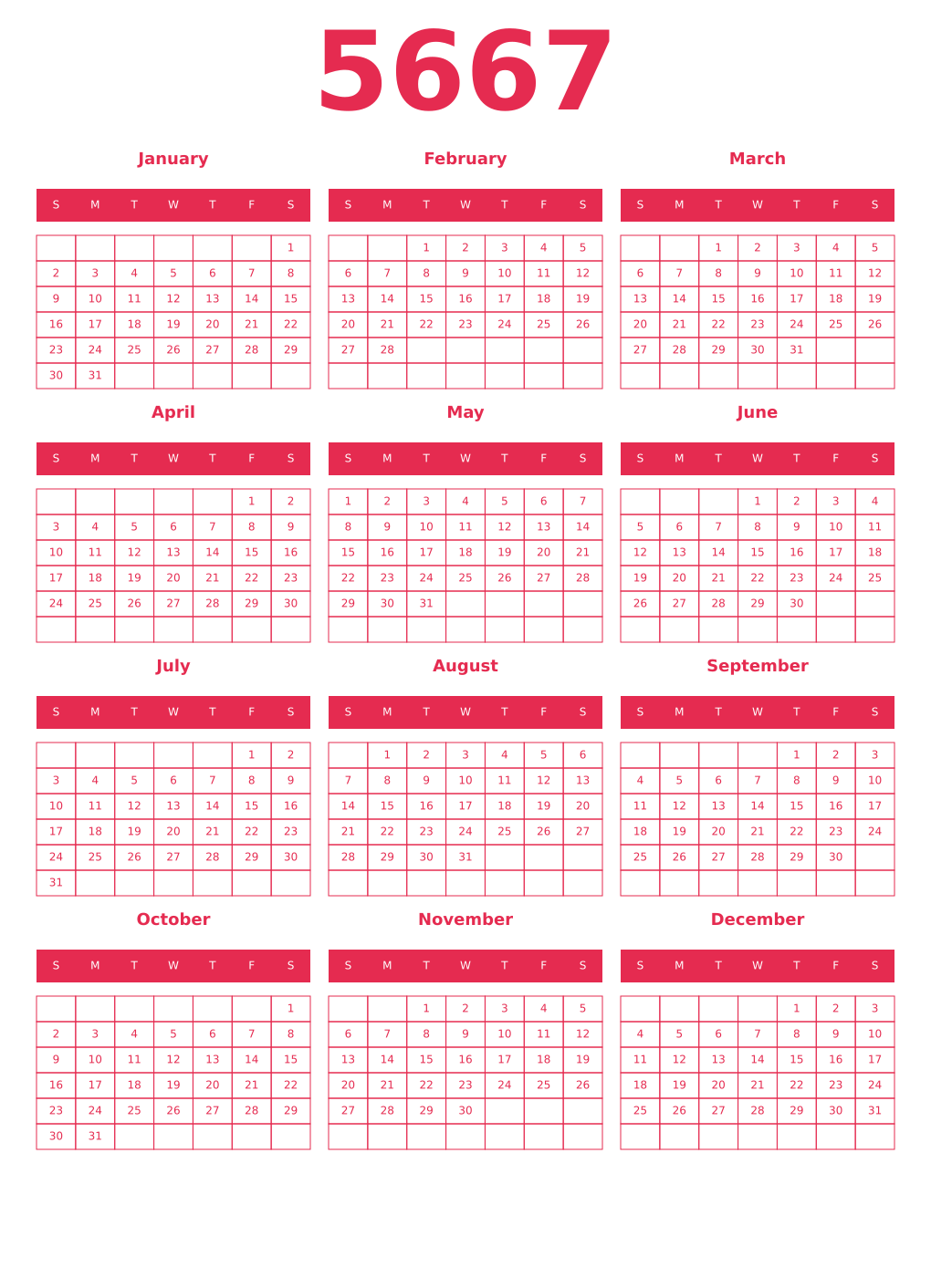Printable 5667 Year Calendars amaranth