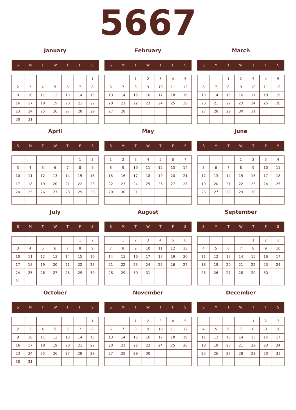 Printable 5667 Year Calendars mortuum