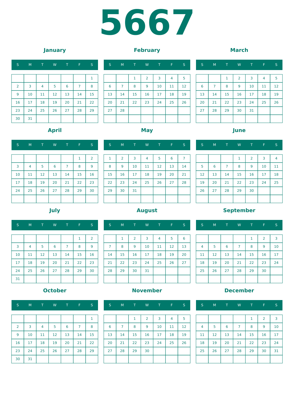 Printable 5667 Year Calendars pastel