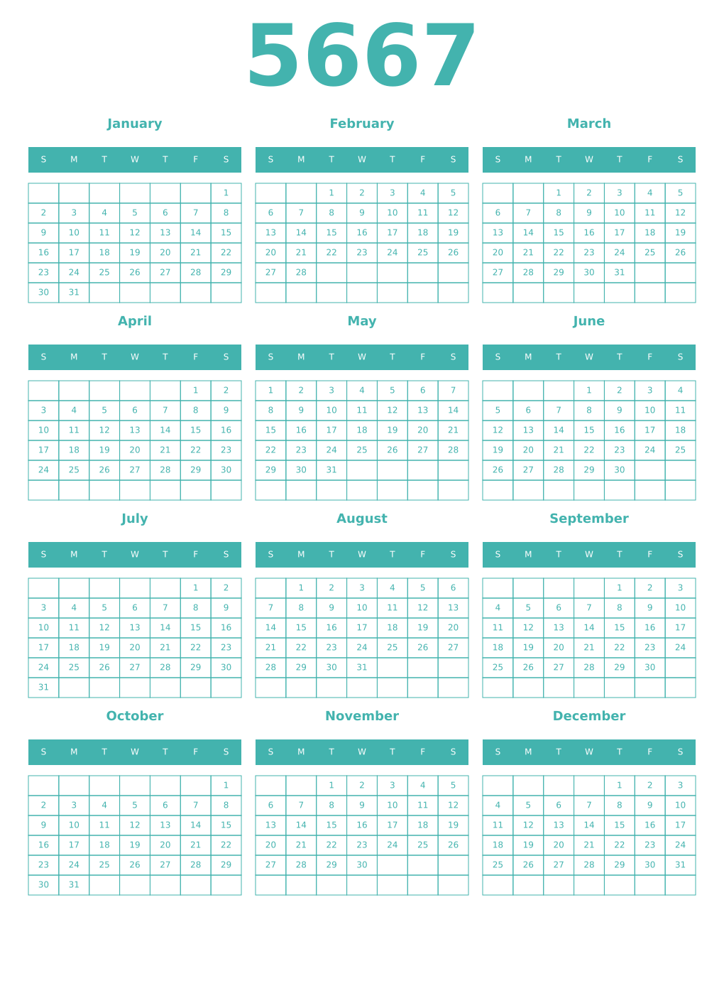 Printable 5667 Year Calendars verdigris