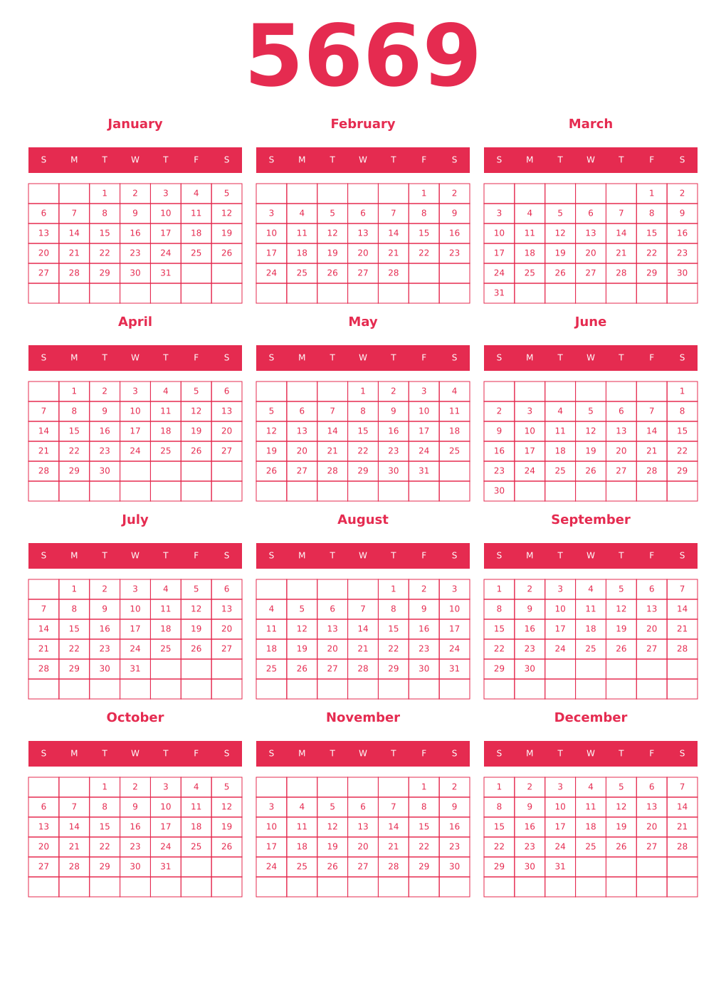 Printable 5669 Year Calendars amaranth