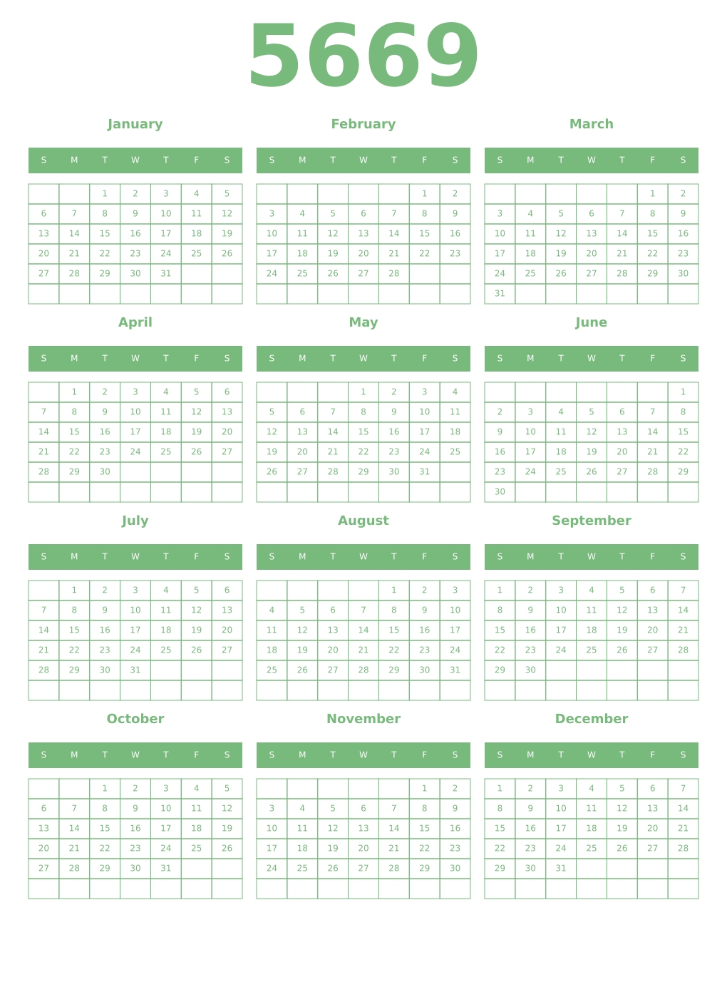 Printable 5669 Year Calendars celadon