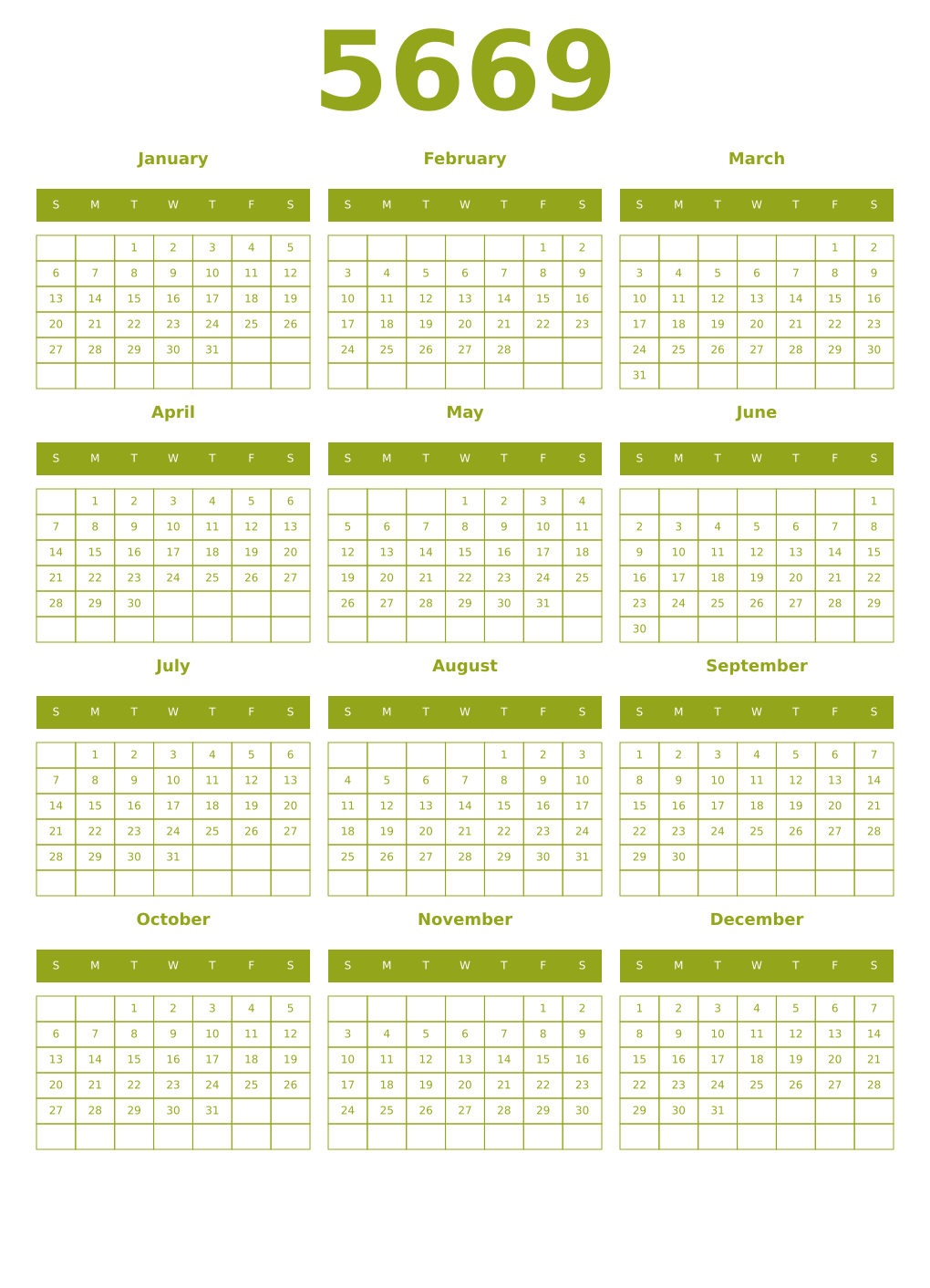 Printable 5669 Year Calendars chartreuse