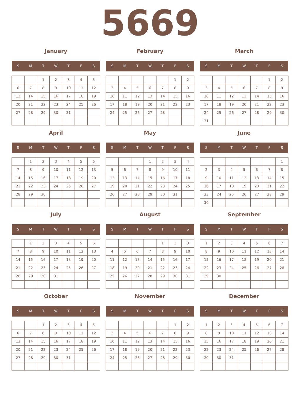 Printable 5669 Year Calendars coffe