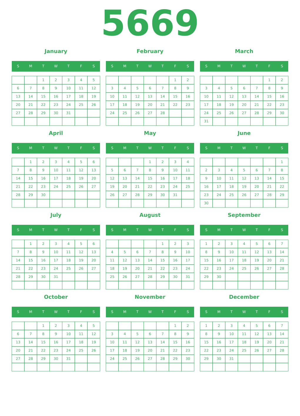 Printable 5669 Year Calendars green