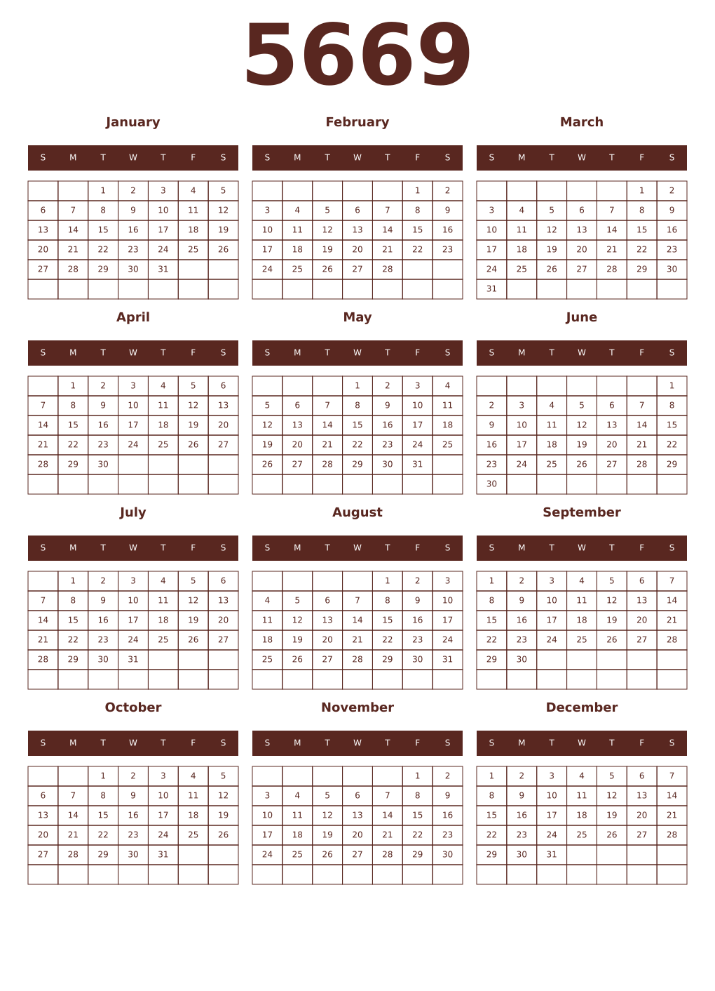 Printable 5669 Year Calendars mortuum