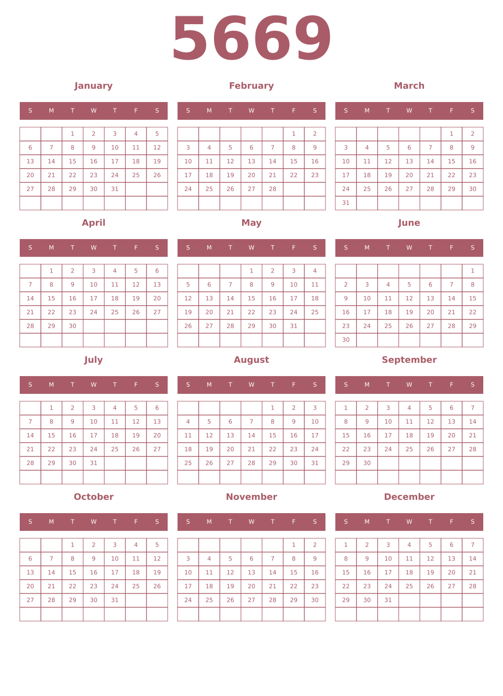 Printable 5669 Year Calendars puce