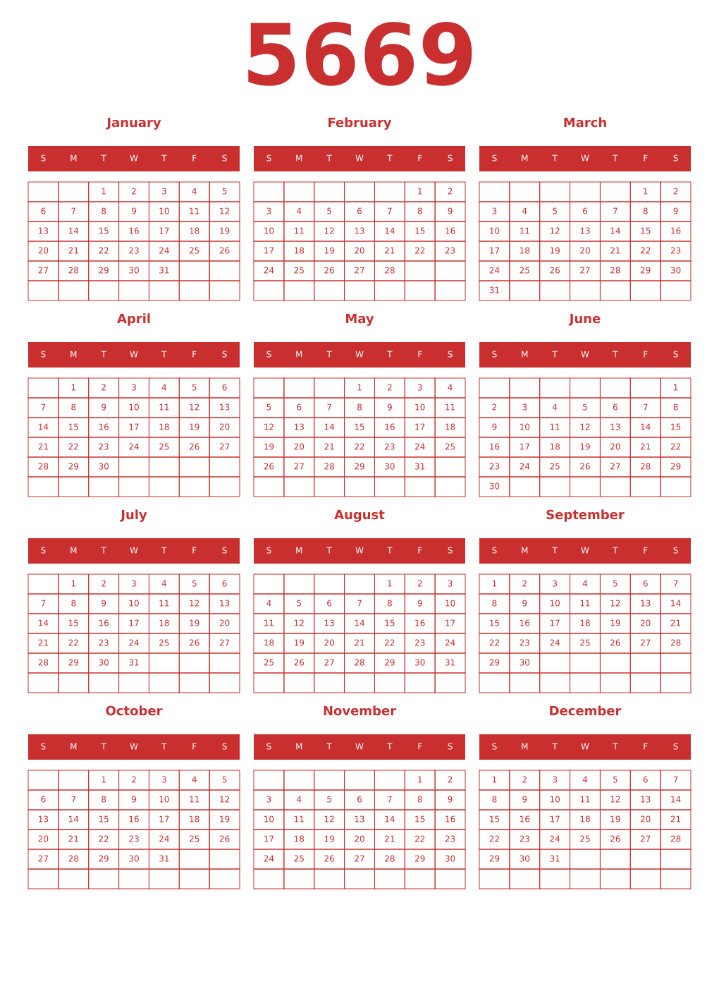 Printable 5669 Year Calendars red