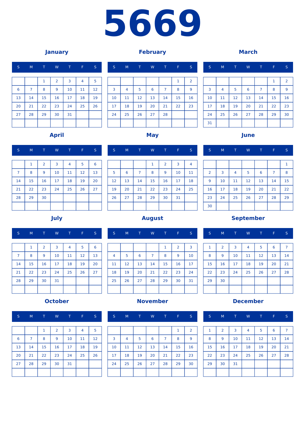 Printable 5669 Year Calendars smalt