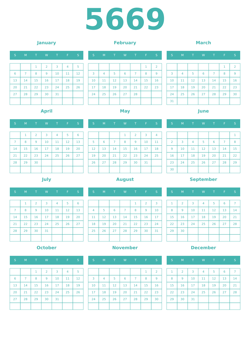 Printable 5669 Year Calendars verdigris