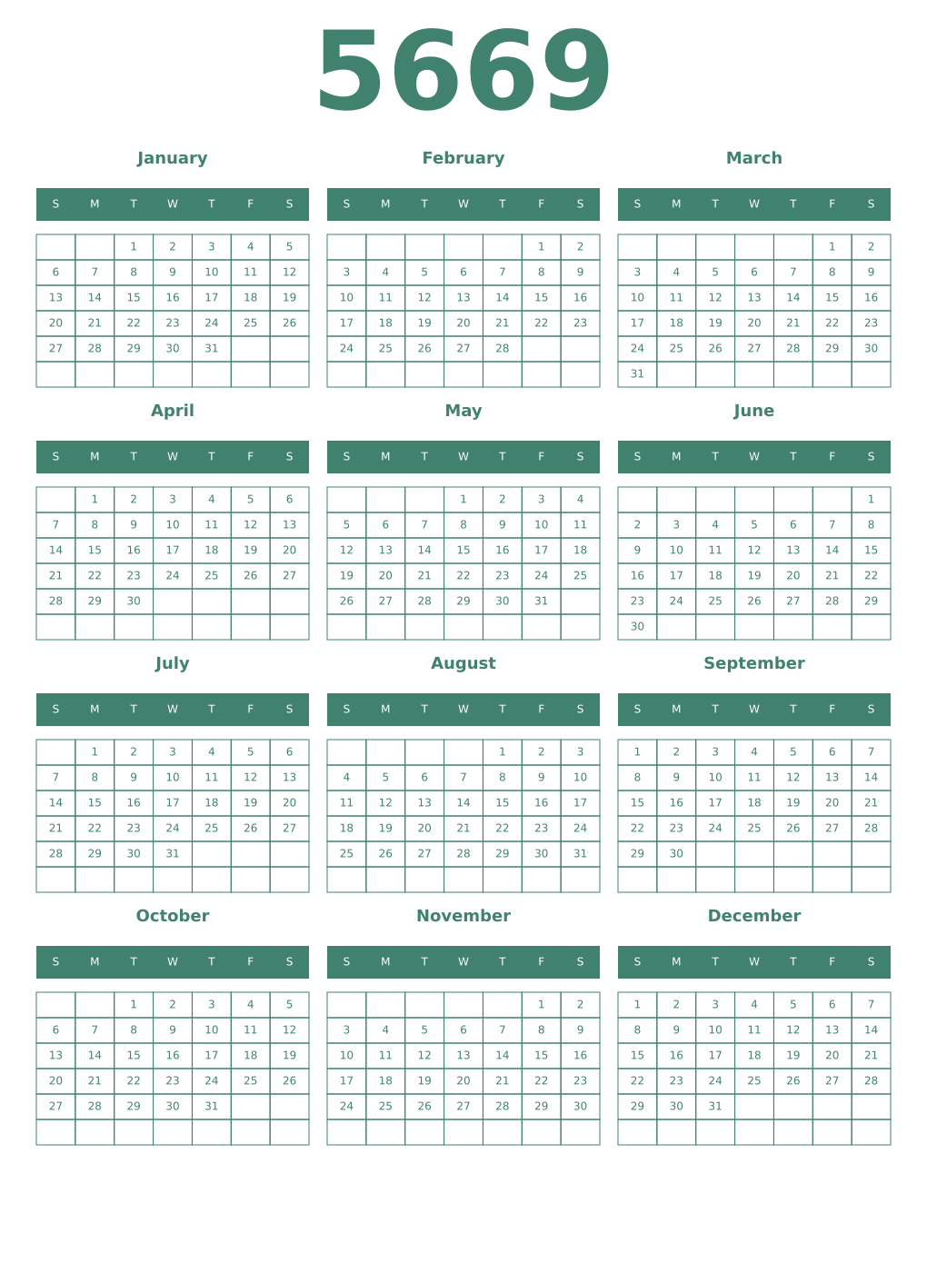 Printable 5669 Year Calendars viridian