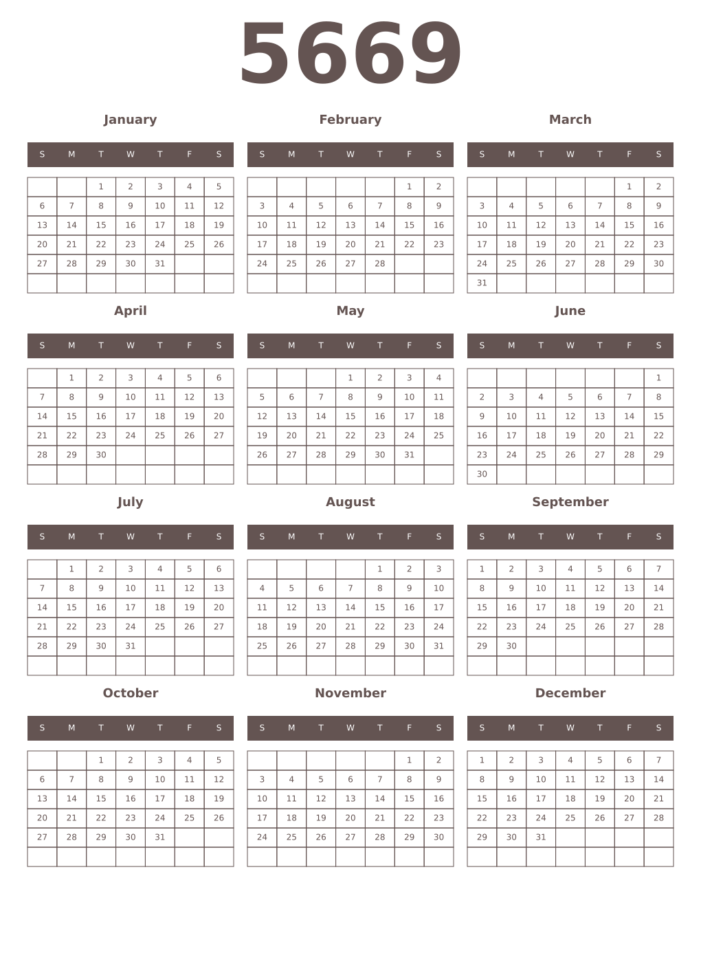 Printable 5669 Year Calendars wenge