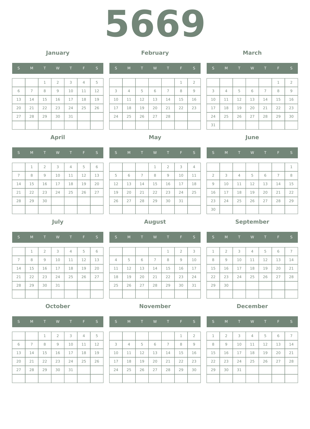 Printable 5669 Year Calendars xanadu