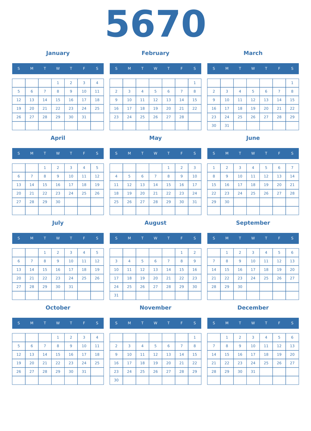 Printable 5670 Year Calendars blue