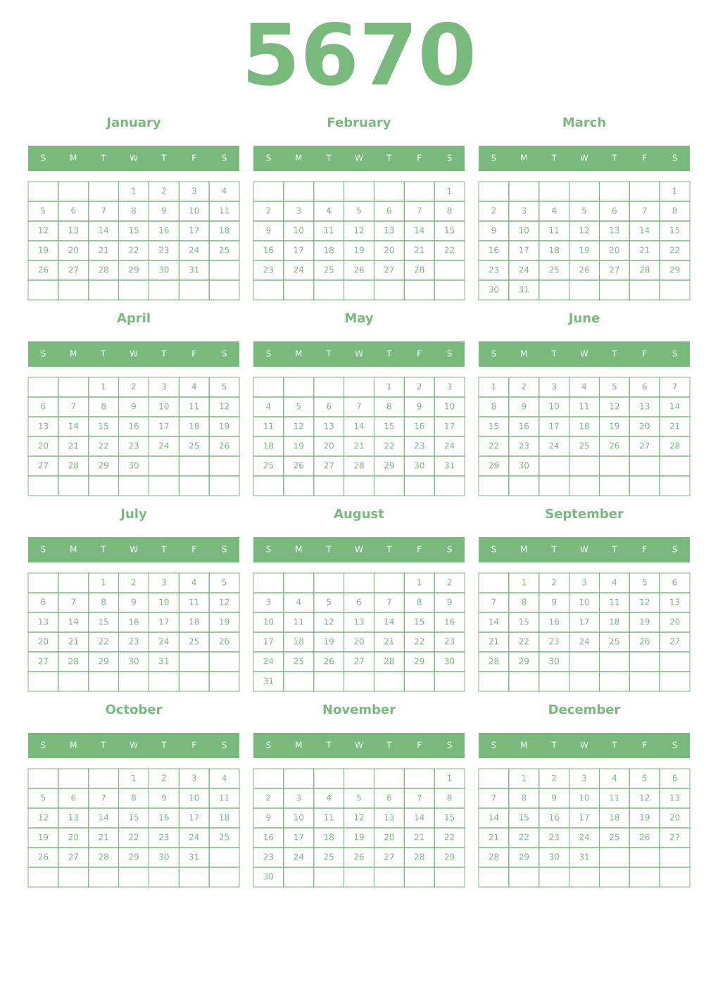 Printable 5670 Year Calendars celadon