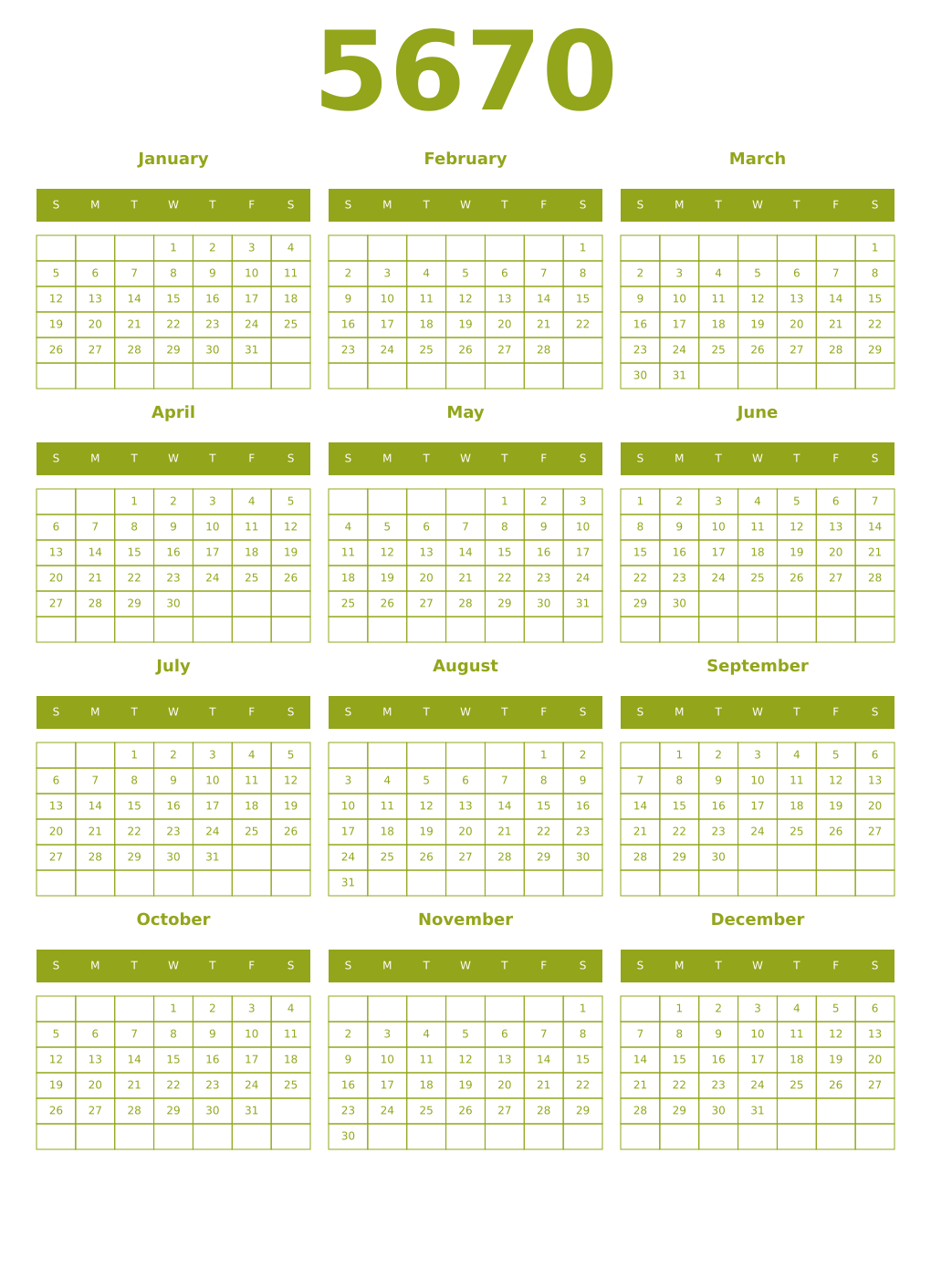 Printable 5670 Year Calendars chartreuse