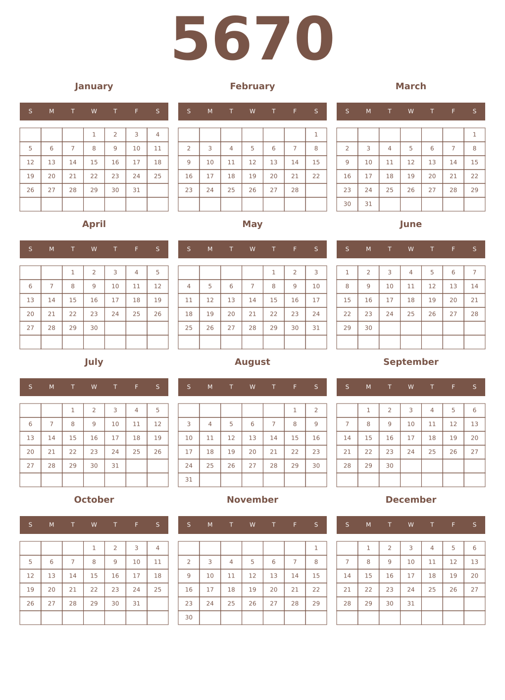 Printable 5670 Year Calendars coffe