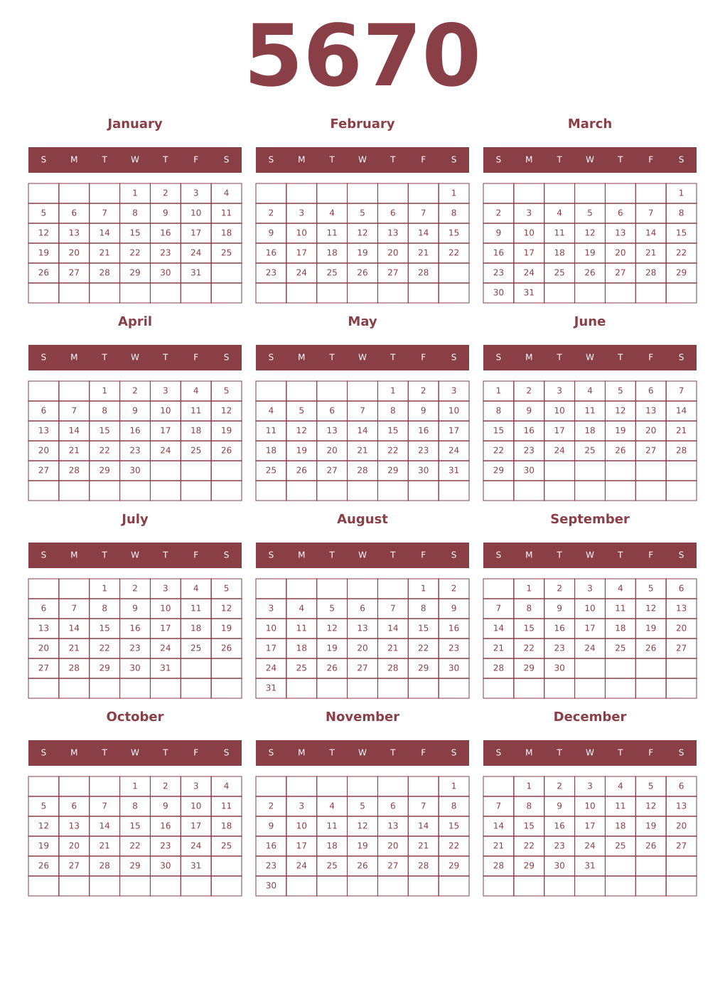 Printable 5670 Year Calendars cordovan