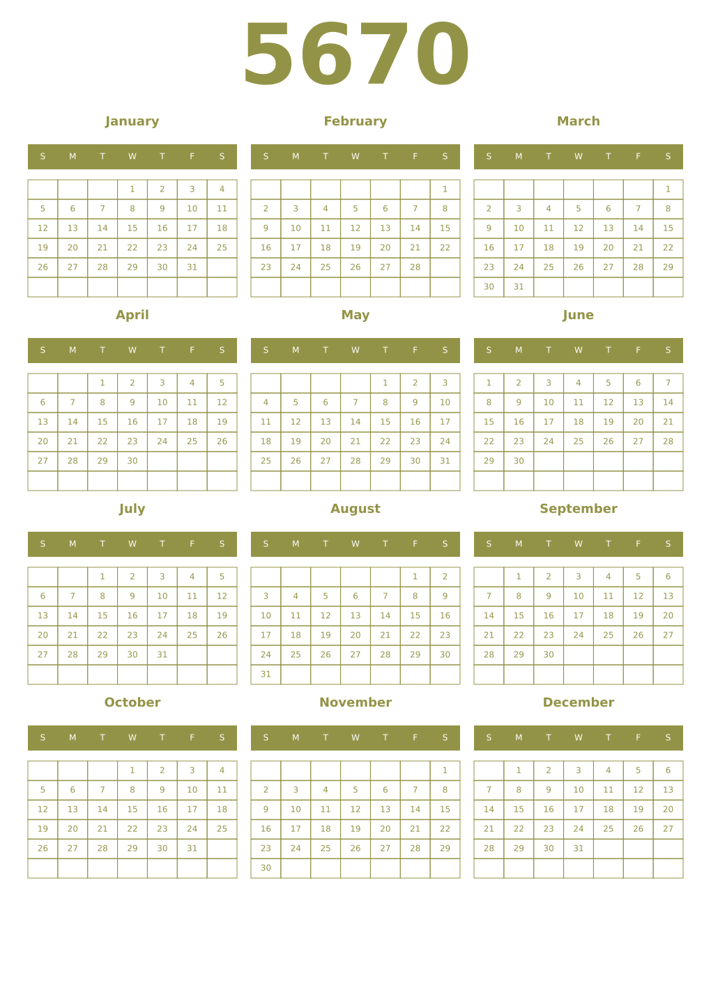 Printable 5670 Year Calendars eburnean