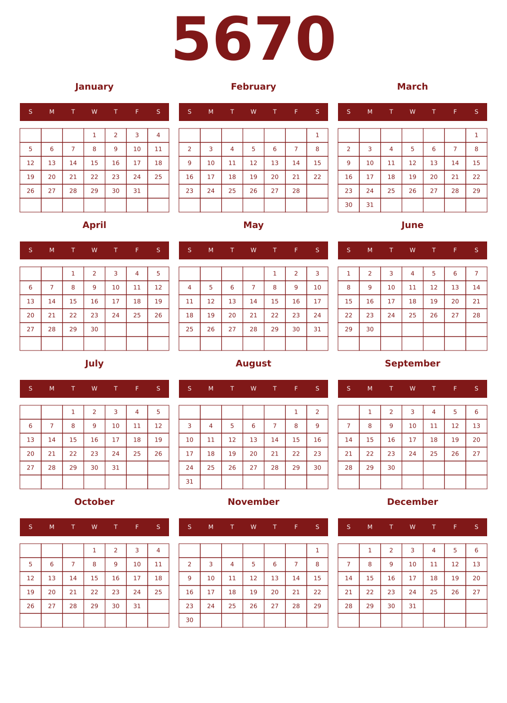 Printable 5670 Year Calendars falu