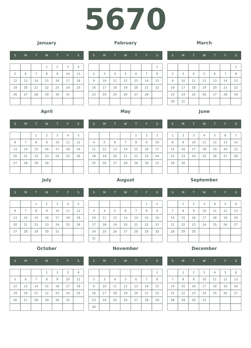 Printable 5670 Year Calendars feldgrau