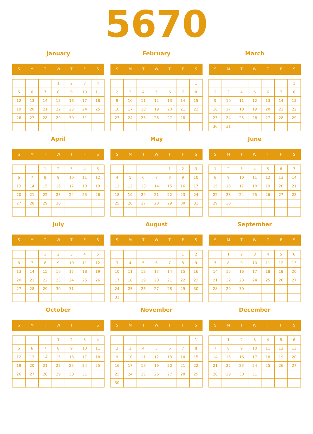 Printable 5670 Year Calendars gamboge