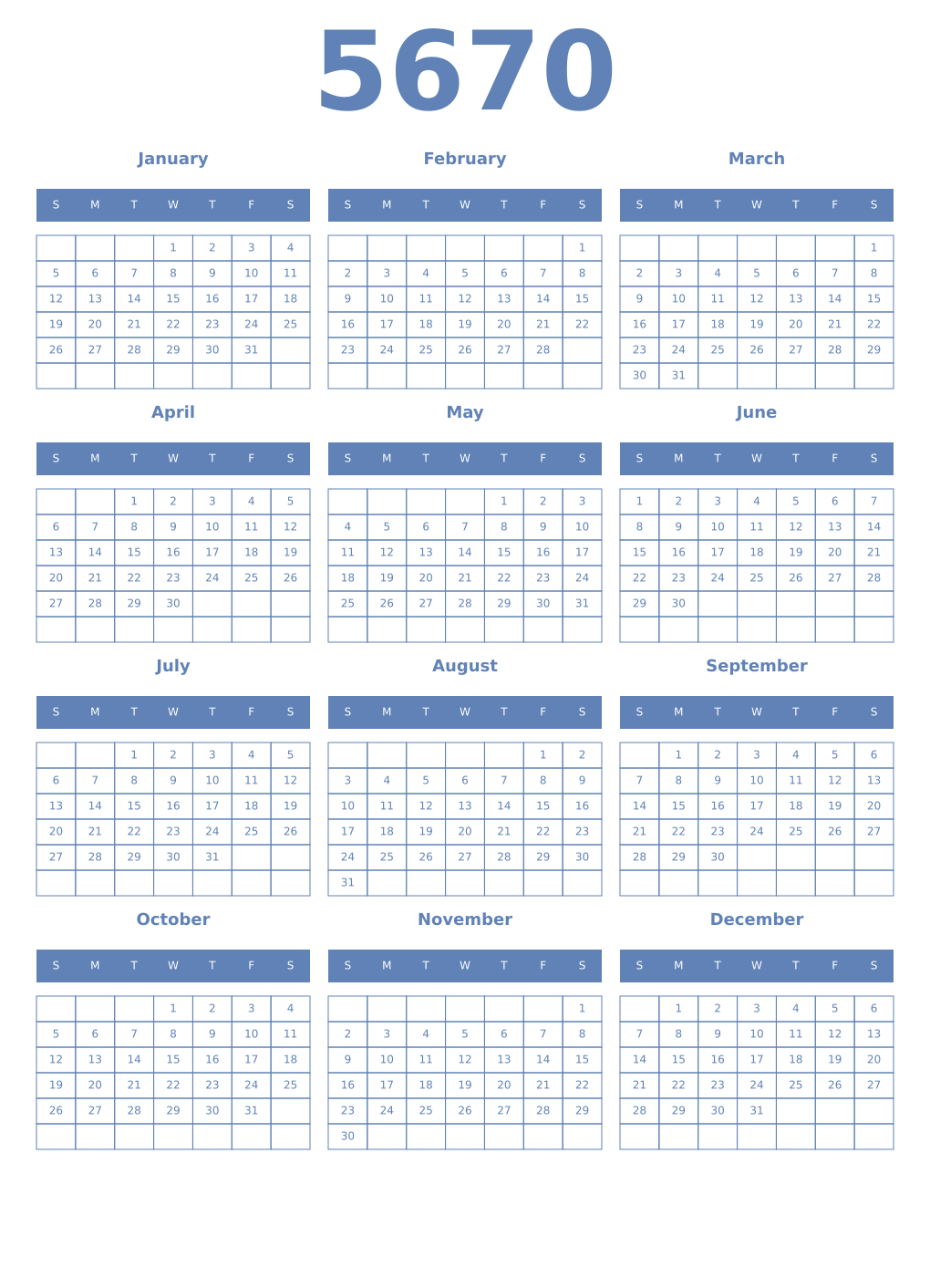 Printable 5670 Year Calendars glaucous