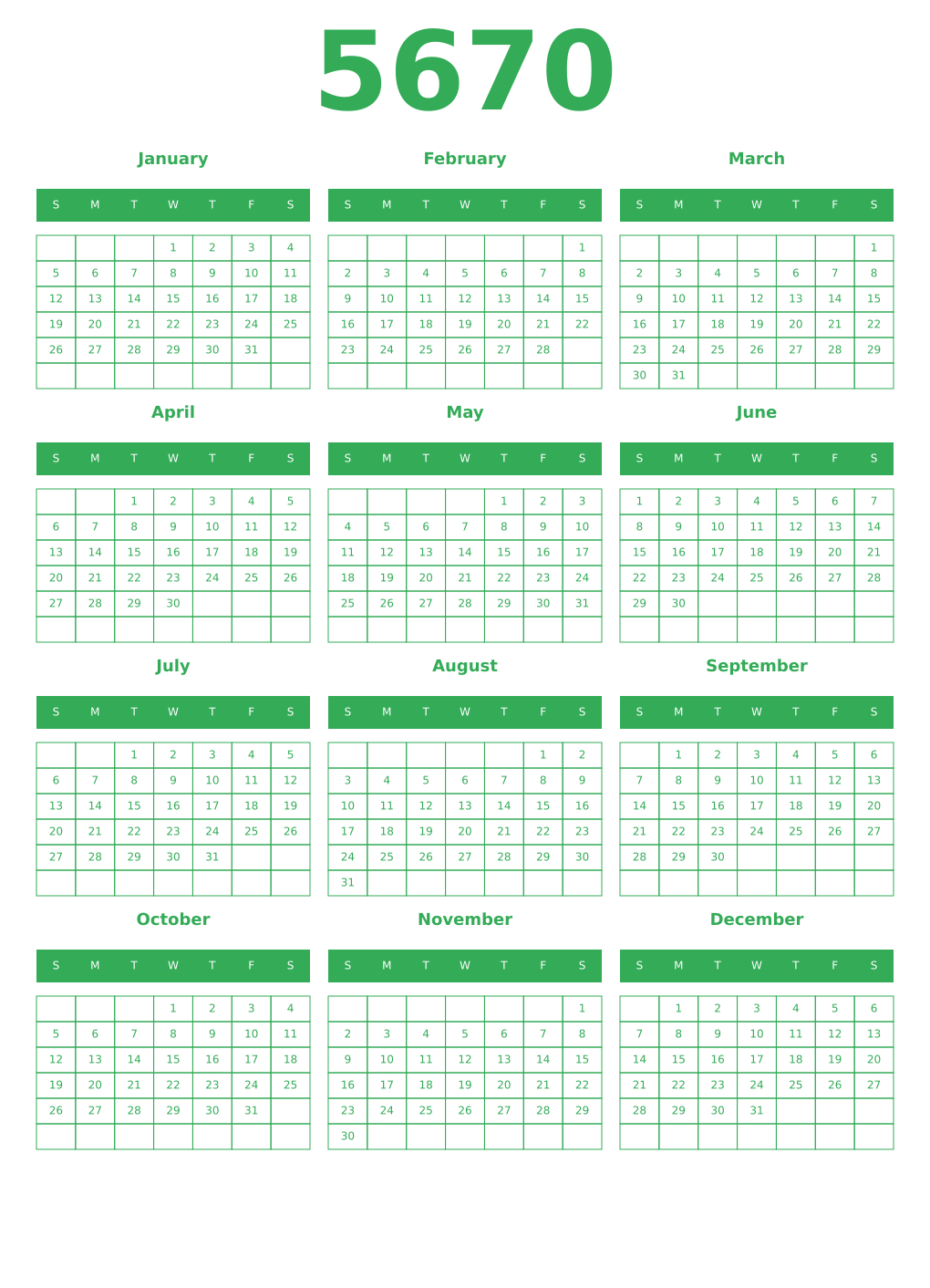 Printable 5670 Year Calendars green