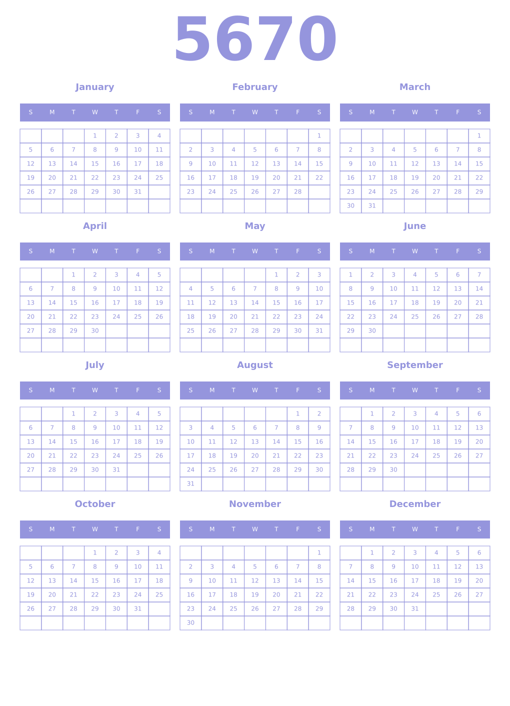 Printable 5670 Year Calendars periwinkle