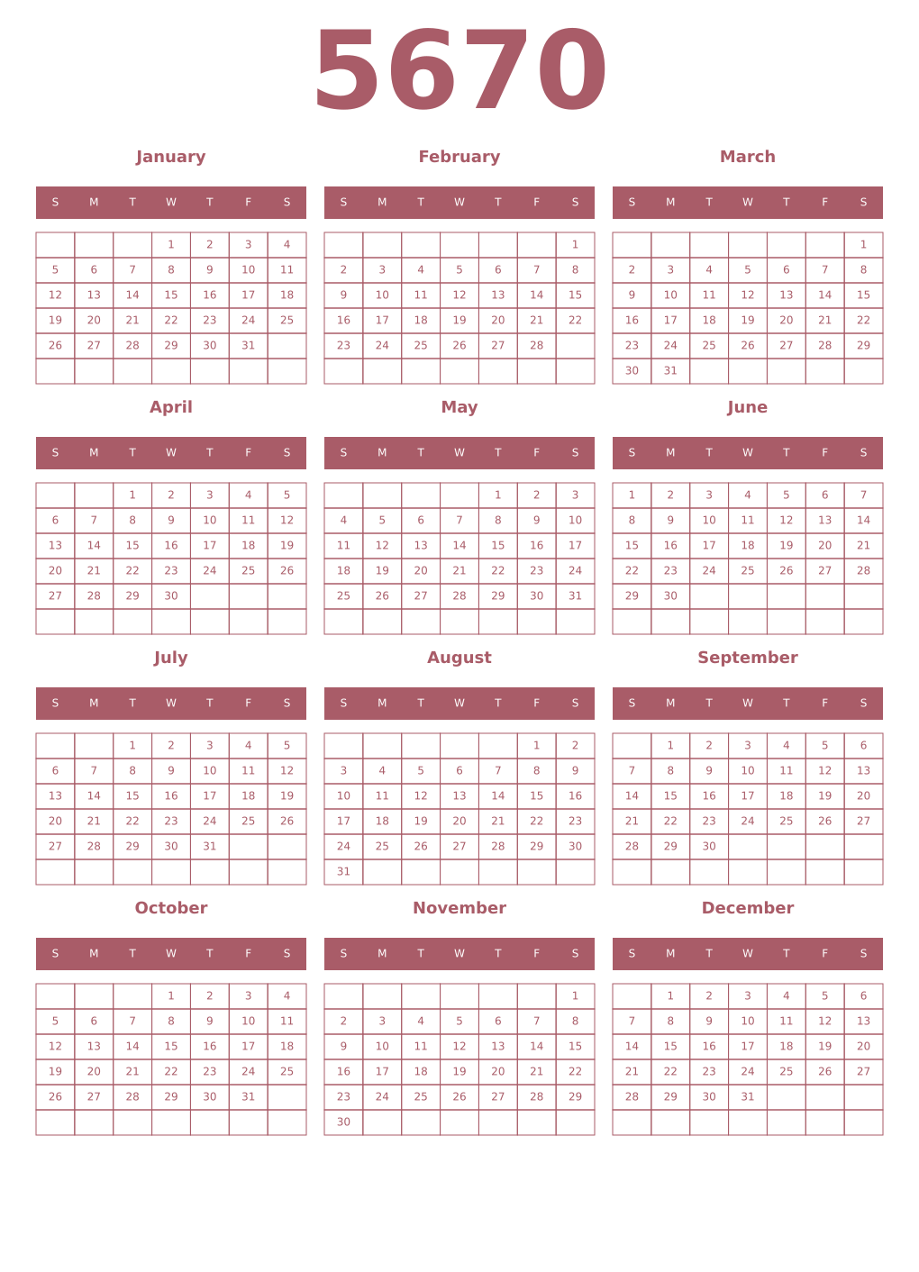 Printable 5670 Year Calendars puce