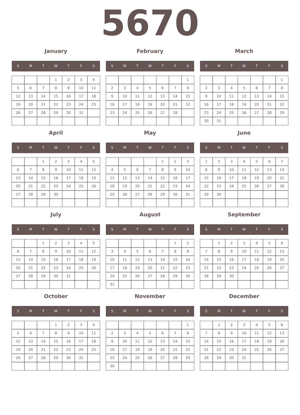 Printable 5670 Year Calendars wenge