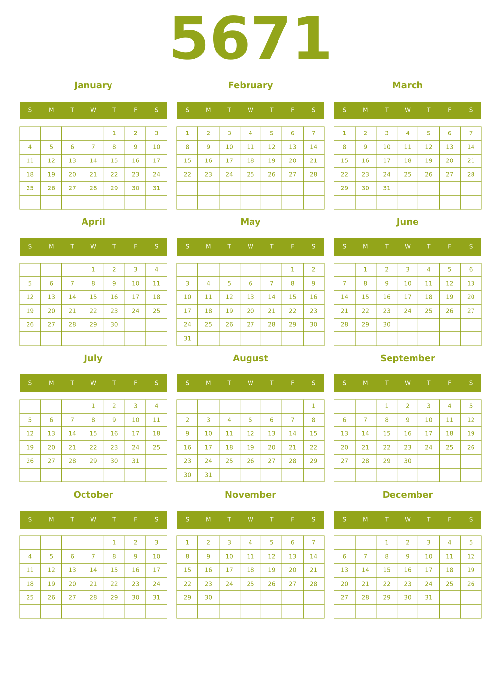 Printable 5671 Year Calendars chartreuse