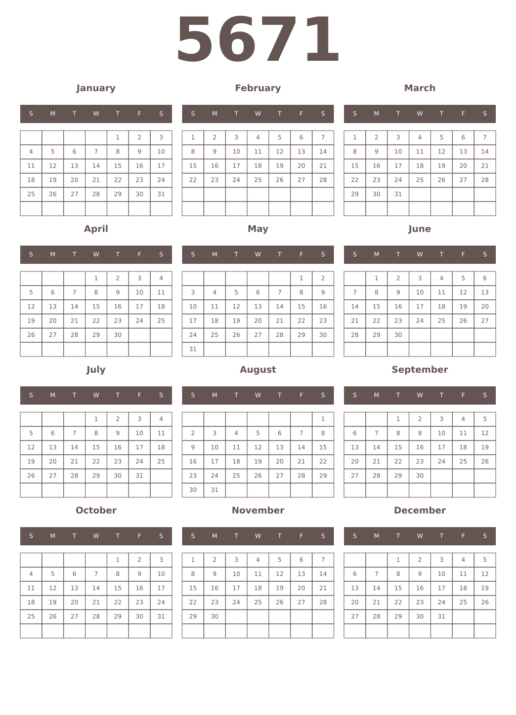 Printable 5671 Year Calendars wenge