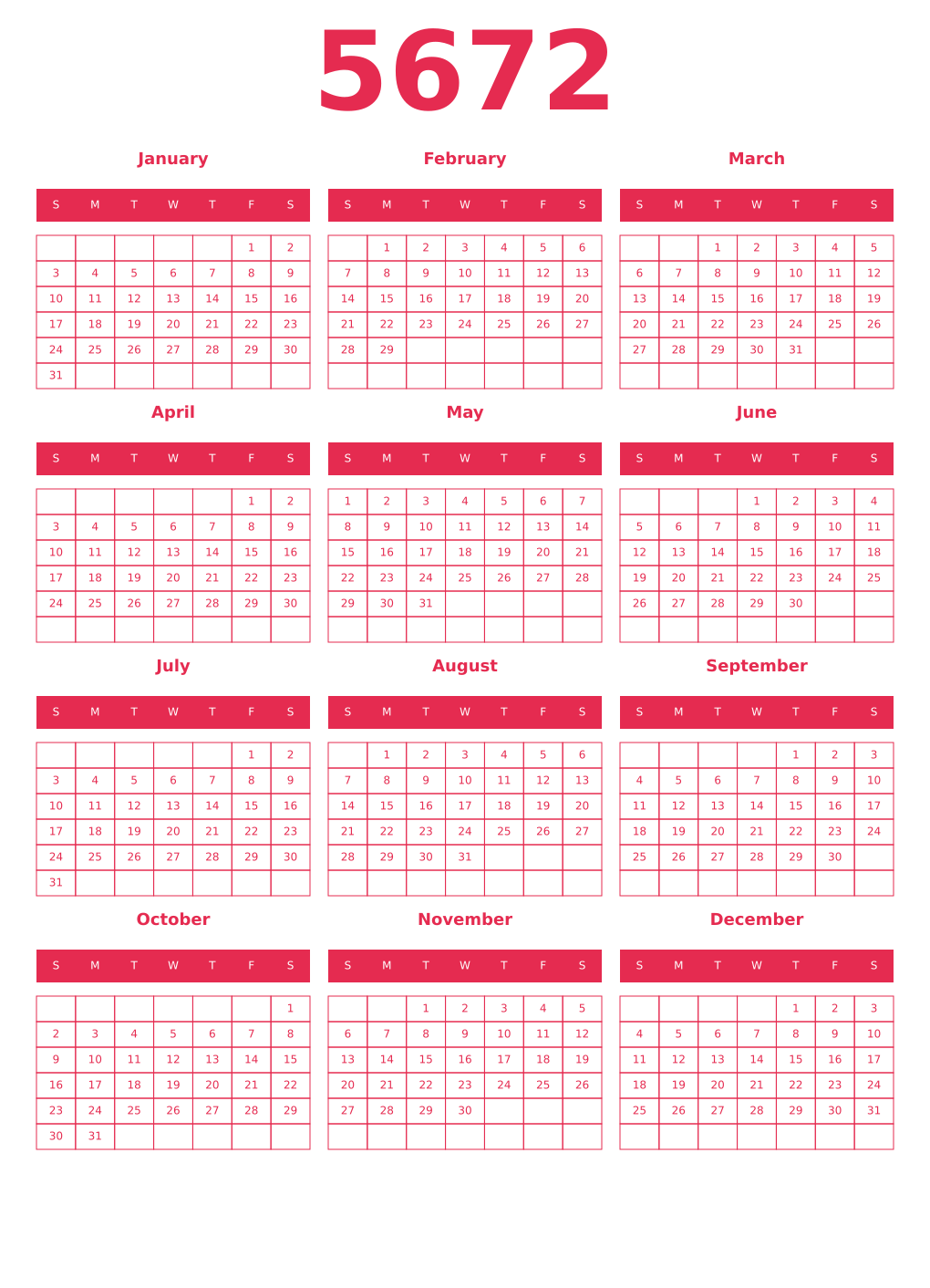Printable 5672 Year Calendars amaranth