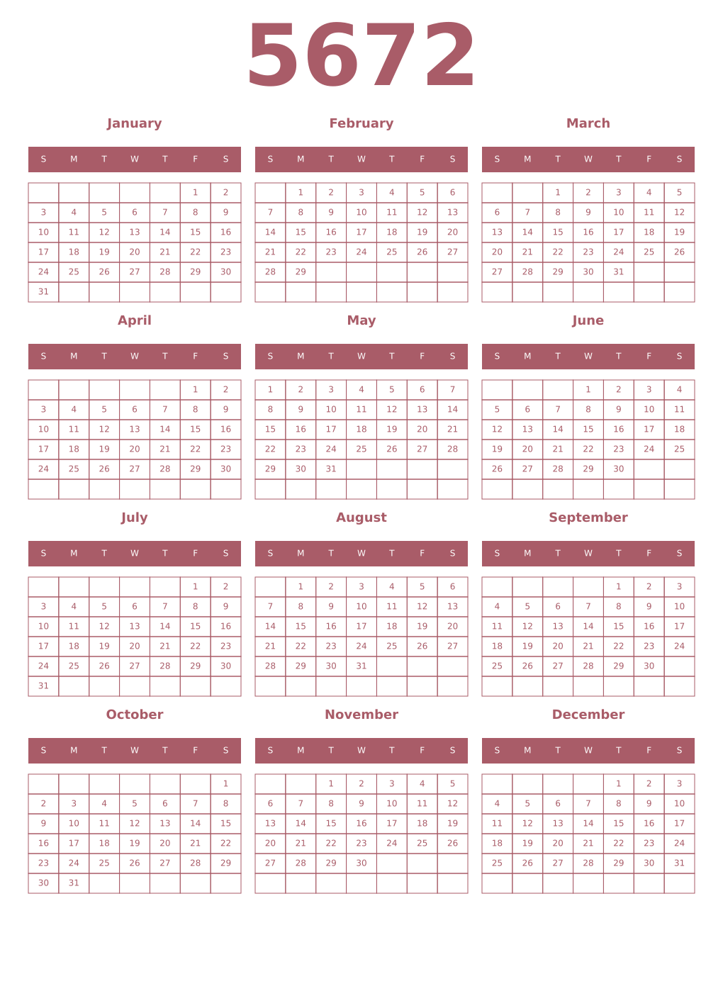 Printable 5672 Year Calendars puce