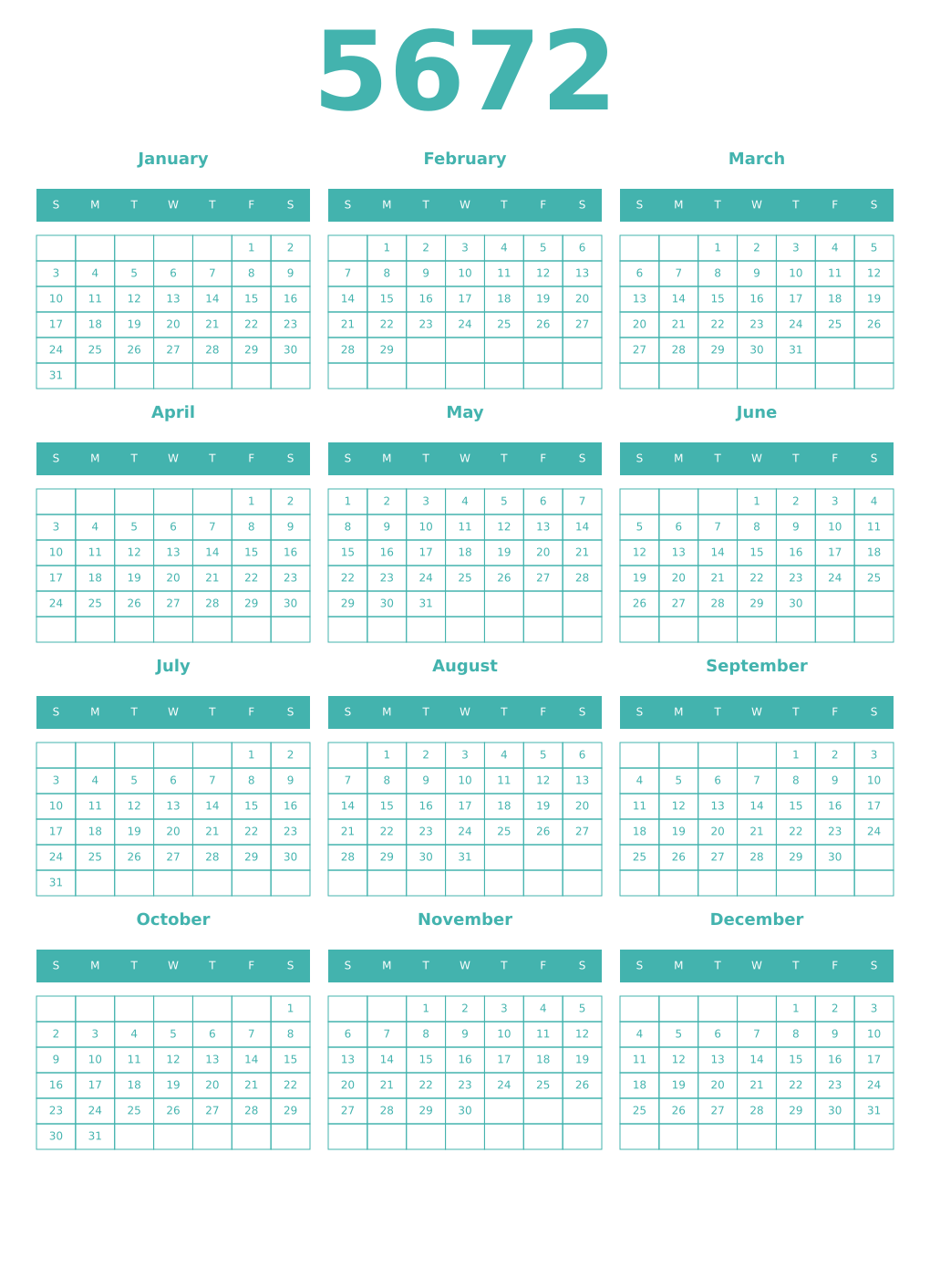 Printable 5672 Year Calendars verdigris